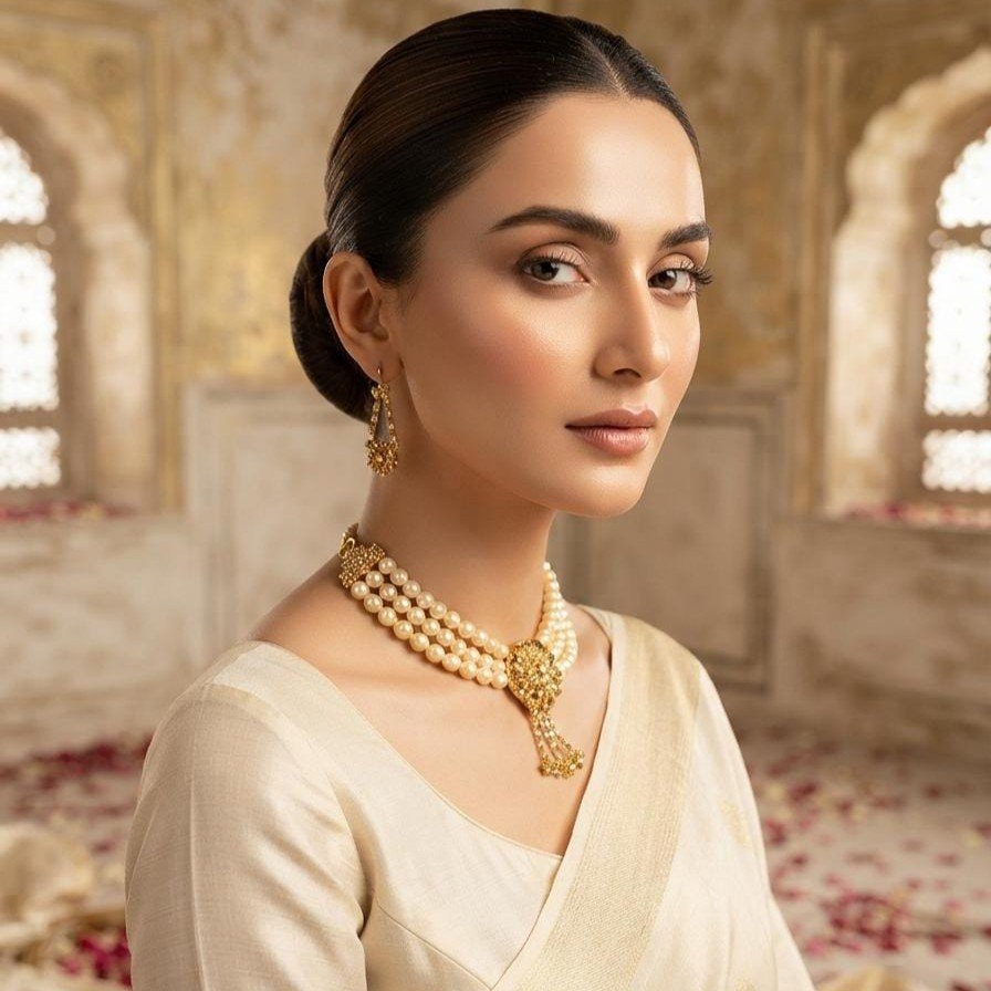 SSAS Jewelry House of Fashion | 3-Layer Pearl Choker Necklace Set with Gold Pendant & Drop Earrings | Cream Pearl Necklace for Weddings & Formal Wear